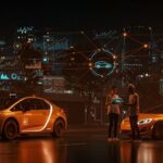 Robotaxis autónomos innovando en car-sharing con tecnología de automatización y movilidad avanzada en un entorno urbano futurista.