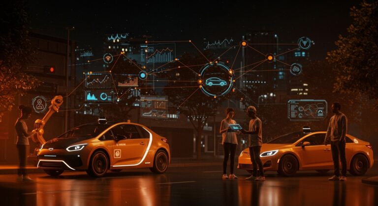 Robotaxis autónomos innovando en car-sharing con tecnología de automatización y movilidad avanzada en un entorno urbano futurista.