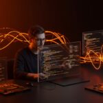 Fundador de startup trabajando con código asíncrono en Zig, destacando eficiencia y programación concurrente para tecnologías innovadoras.