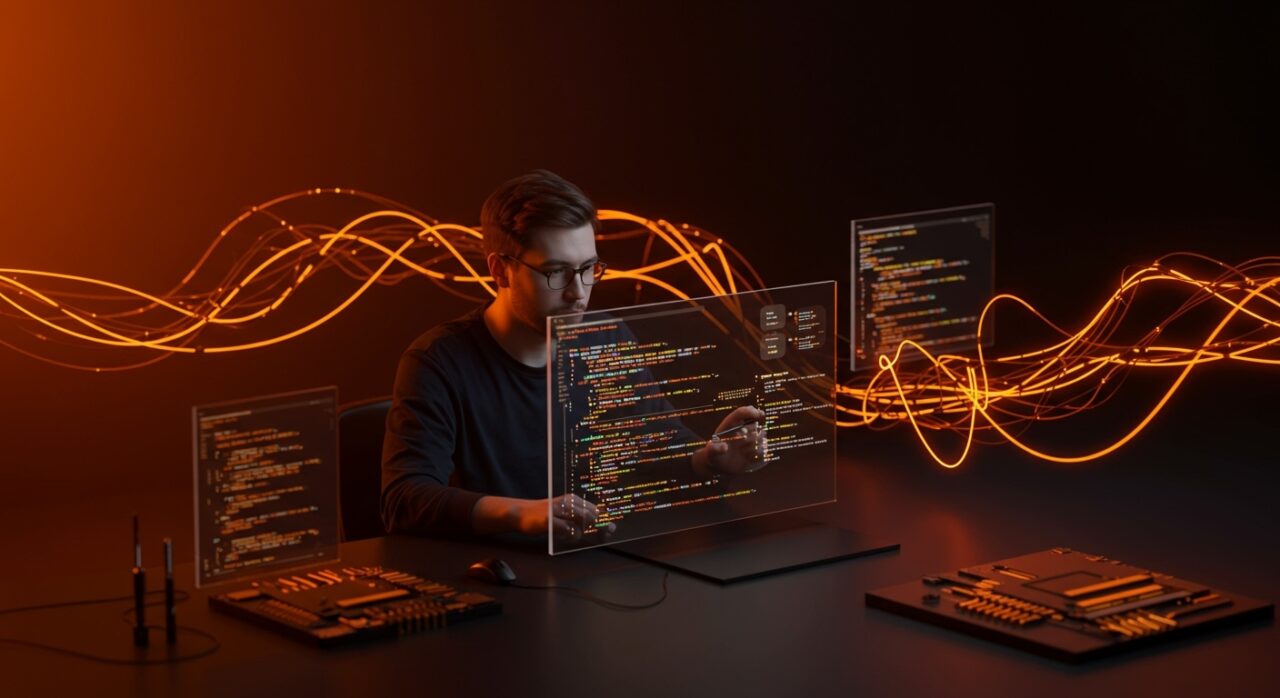 Fundador de startup trabajando con código asíncrono en Zig, destacando eficiencia y programación concurrente para tecnologías innovadoras.