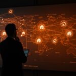 Agente inmobiliario contemplando mapa digital de propiedades con símbolos de riesgo climático, reflejando la eliminación de puntajes de riesgo por Zillow y su impacto en el mercado inmobiliario.