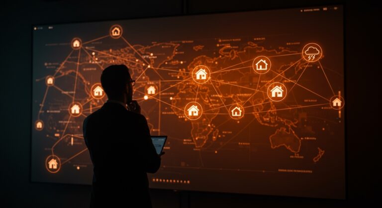 Agente inmobiliario contemplando mapa digital de propiedades con símbolos de riesgo climático, reflejando la eliminación de puntajes de riesgo por Zillow y su impacto en el mercado inmobiliario.