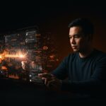 Fundador tech usando una interfaz holográfica para búsqueda automatizada e indexación rápida de código en startup tecnológica.