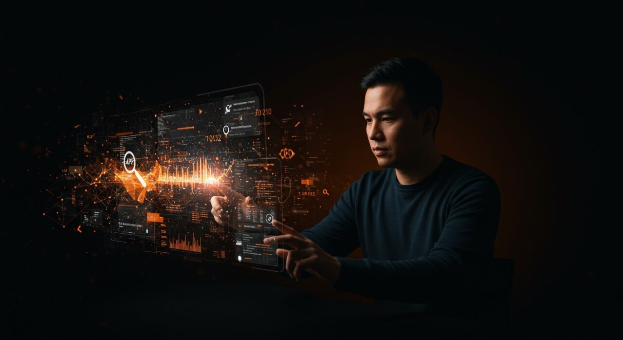 Fundador tech usando una interfaz holográfica para búsqueda automatizada e indexación rápida de código en startup tecnológica.