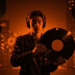 Comprador Gen Z con vinilo sin tocadiscos ilustrando la tendencia de música física y digital fatigue en el mercado musical.