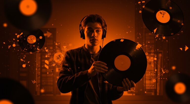 Comprador Gen Z con vinilo sin tocadiscos ilustrando la tendencia de música física y digital fatigue en el mercado musical.