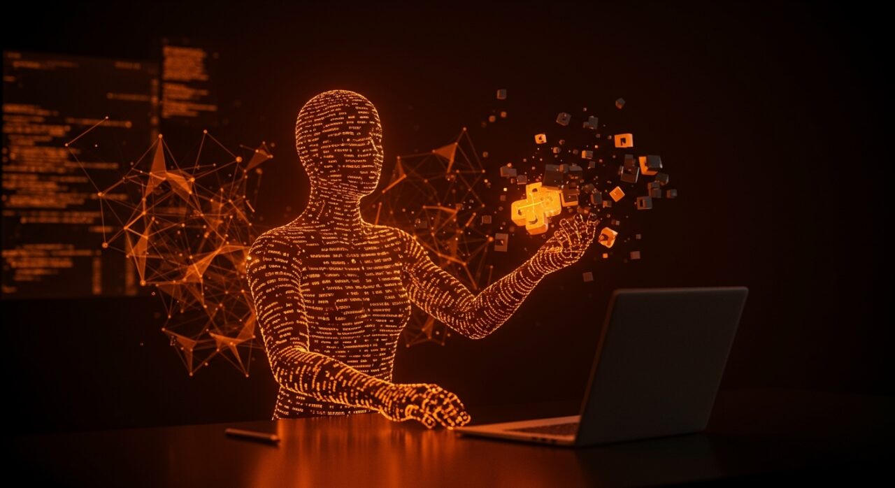 Agente de codificación IA trabajando con Python en ambiente tecnológico oscuro con metáforas visuales de redes neuronales y automatización.