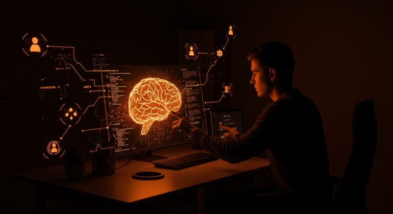 Founder trabajando con agentes internos híbridos de LLM y código en workflows de IA aplicada para automatización en startups.