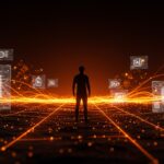 Fundador observando un paisaje digital futurista con interfaces de IA avanzada y redes neuronales, ilustrando tendencias y pronósticos de inteligencia artificial.