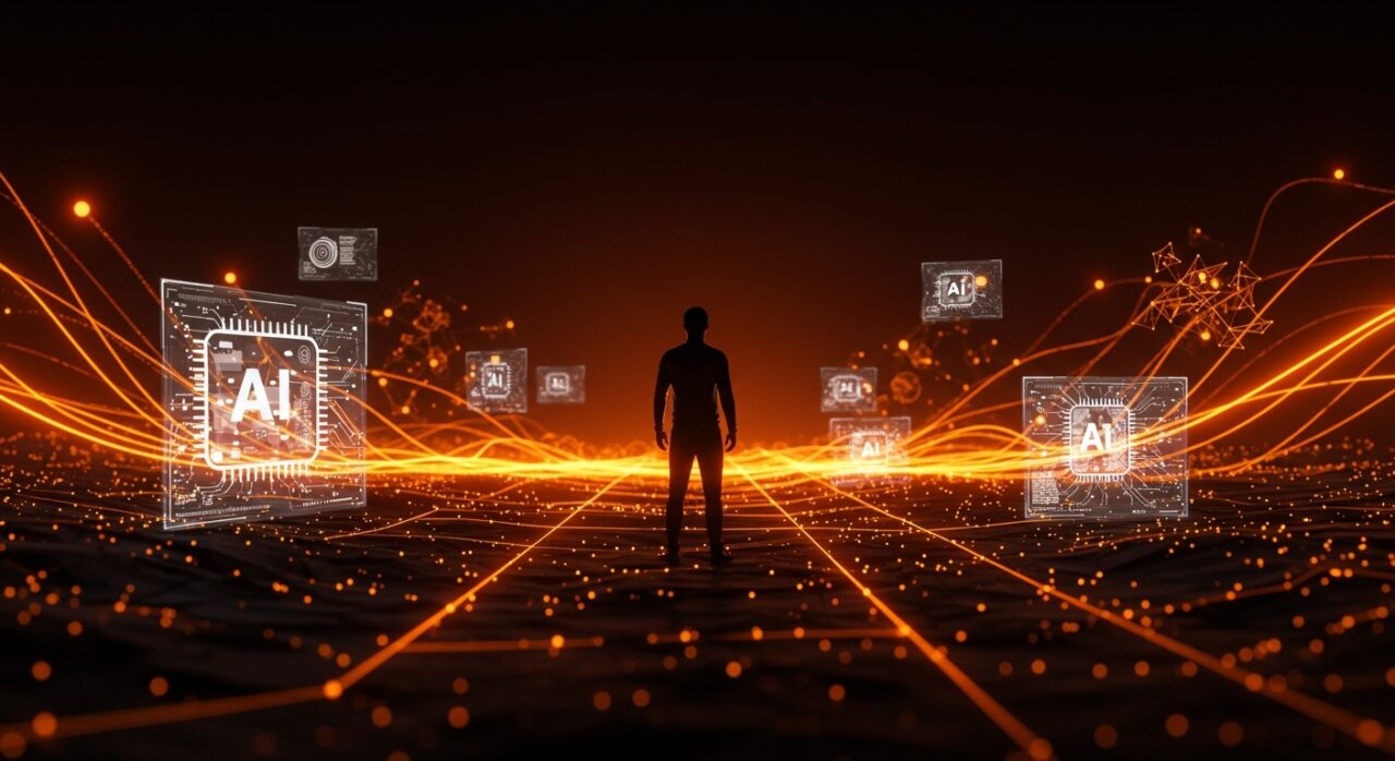 Fundador observando un paisaje digital futurista con interfaces de IA avanzada y redes neuronales, ilustrando tendencias y pronósticos de inteligencia artificial.