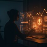 Fundador analizando una interfaz digital futurista con iconos de habilidades de inteligencia artificial para startups en 2026.