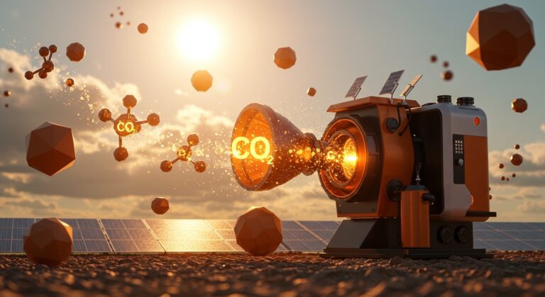 Máquina innovadora de energía renovable que convierte CO2 del aire en gasolina sintética usando energía solar para movilidad sostenible.