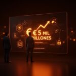 Fundador de startup healthtech delante de pantalla digital mostrando valoración de cinco mil millones de euros, simbolizando financiación e innovación en seguros digitales.