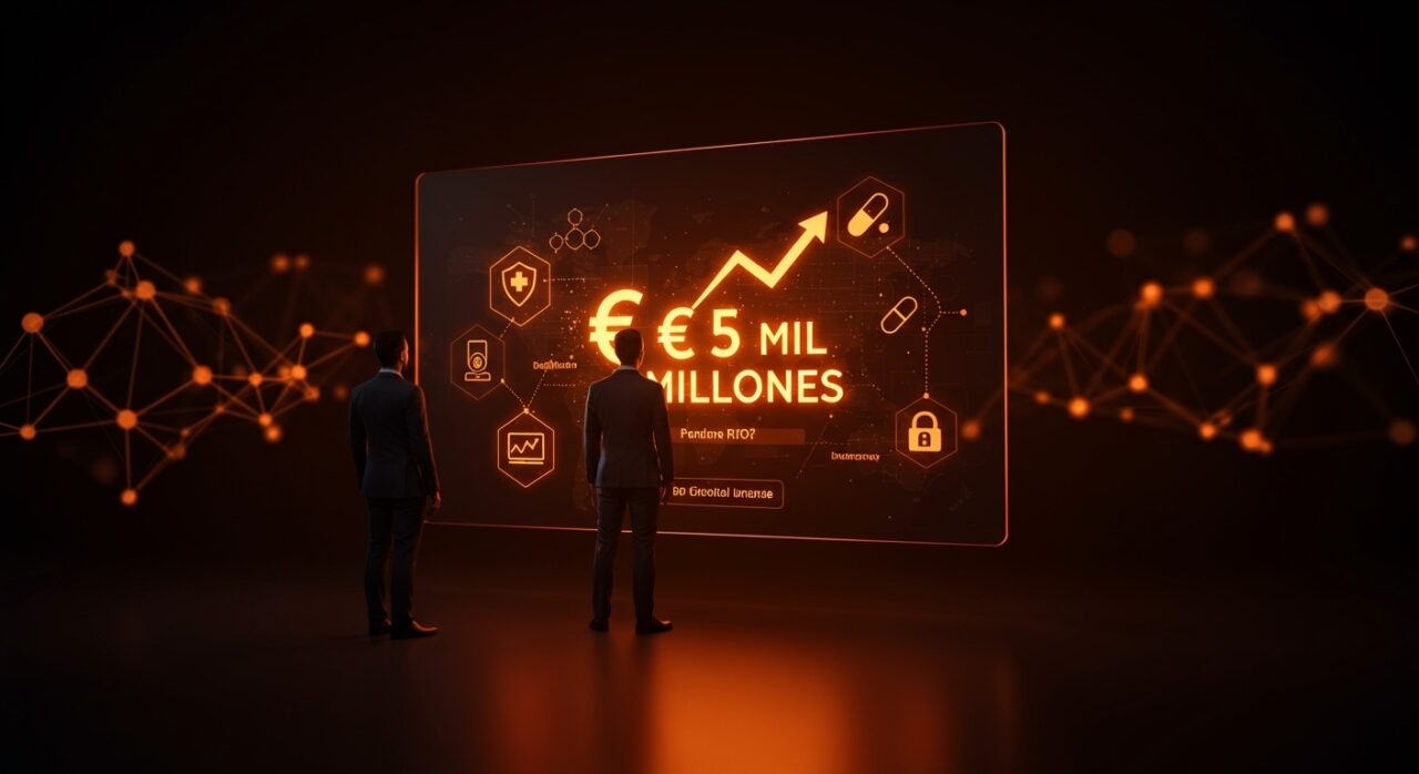 Fundador de startup healthtech delante de pantalla digital mostrando valoración de cinco mil millones de euros, simbolizando financiación e innovación en seguros digitales.