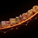 Alimentos ultraprocesados dominando el mercado americano con metáforas visuales de tendencias de salud y tecnología foodtech.