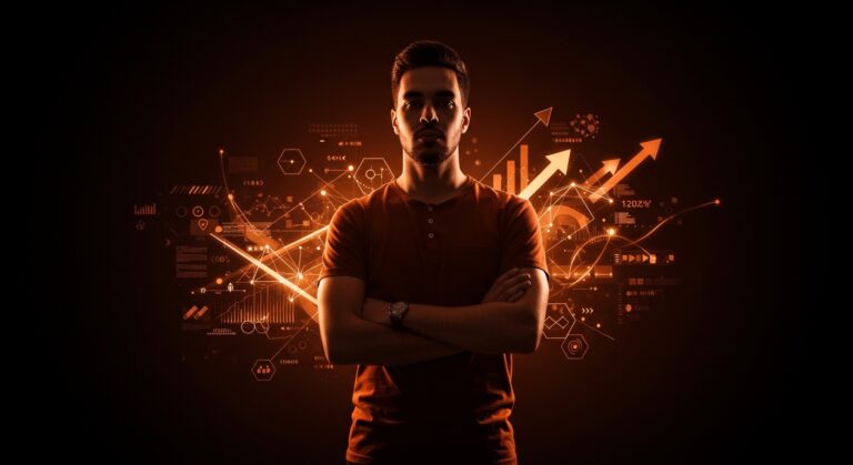 Founder enfocado rodeado de símbolos visuales de alto rendimiento humano y talento excepcional en contexto de innovación y desarrollo de talento.