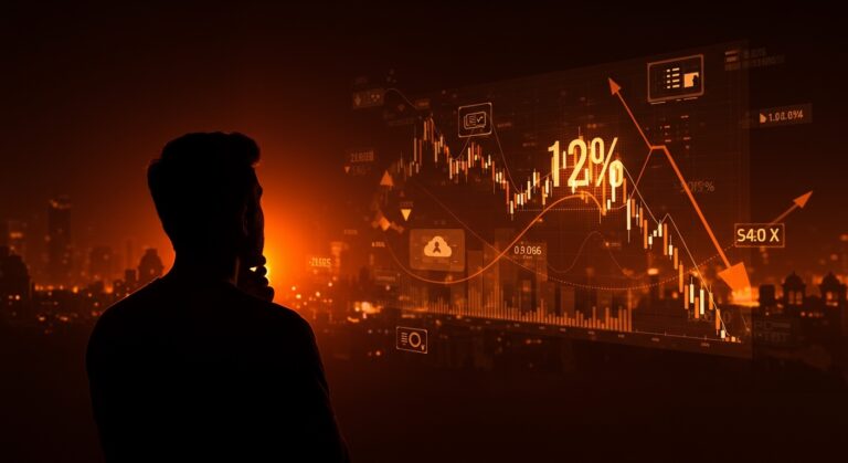 Fundadora de startup frente a pantalla digital mostrando caída del 12 por ciento en debut de Amagi en bolsa de India, reflejando lecciones de funding tech en mercados emergentes.