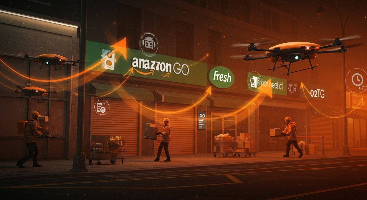Cierre de tiendas Amazon Go y Fresh con enfoque en entrega el mismo día y tendencias en retail tech startups.