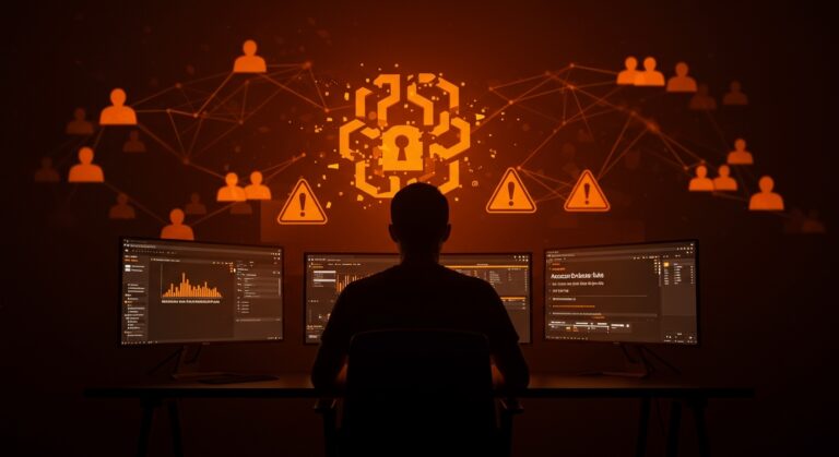 Emprendedor enfrentando desactivación de cuenta en Amazon con pantallas digitales y símbolos abstractos de propiedad intelectual y comunidad de apoyo.