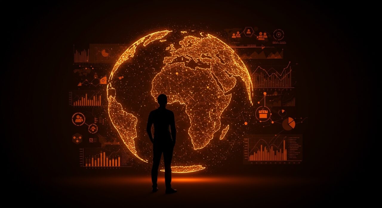 Fundador tech observando un globo digital con redes de alianzas globales y tendencias influenciadas por la política America First.