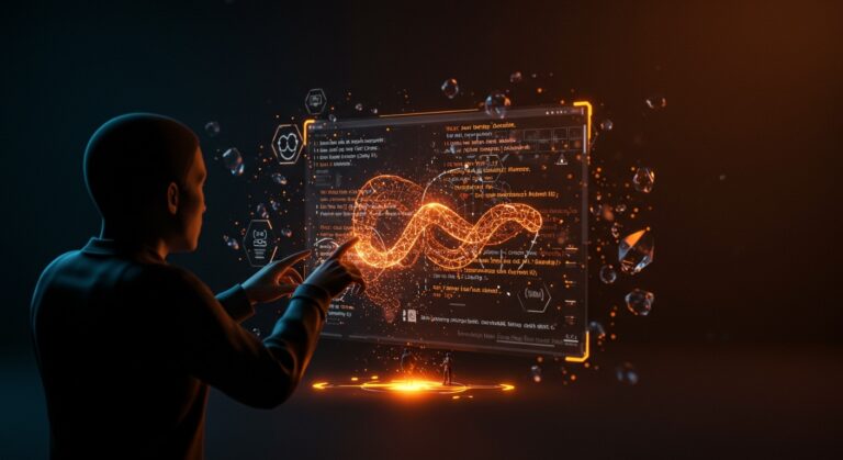 Programador interactuando con interfaz holográfica que integra seguridad de memoria Rust en código C++ usando IA y análisis estático.