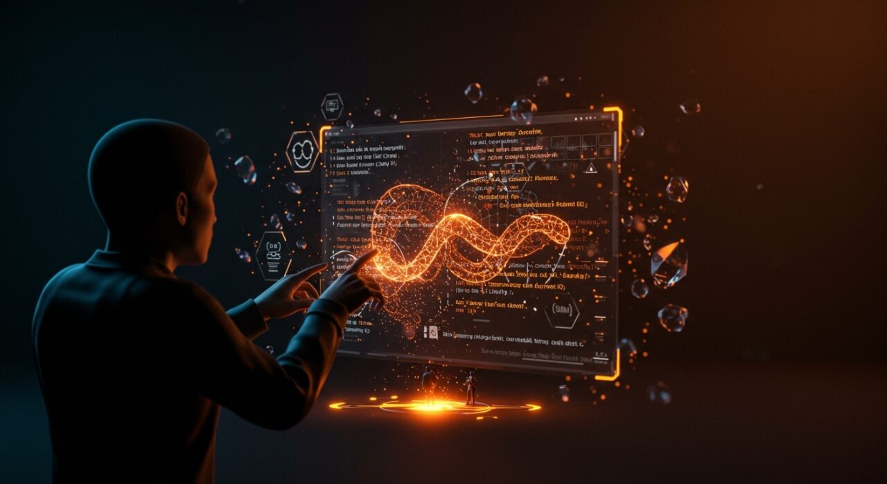Programador interactuando con interfaz holográfica que integra seguridad de memoria Rust en código C++ usando IA y análisis estático.