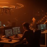 Concurso de drones de Anduril que ofrece empleo tech, mostrando un dron futurista y programadores innovando en un ambiente tecnológico naranja y negro.