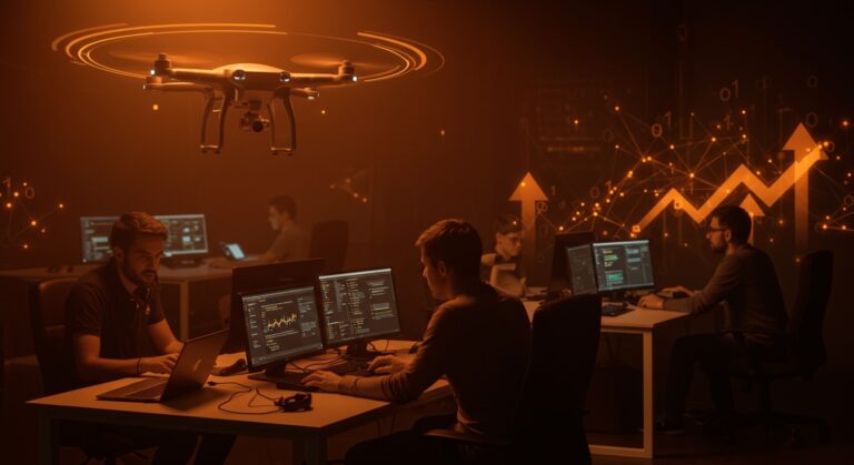 Concurso de drones de Anduril que ofrece empleo tech, mostrando un dron futurista y programadores innovando en un ambiente tecnológico naranja y negro.