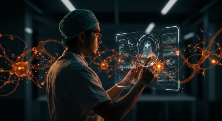 Profesional de salud usando inteligencia artificial aplicada en healthcare, con interfaz tecnológica avanzada de Anthropic para innovación en salud.