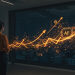 Liderazgo femenino en expansión de IA en India con patrones abstractos de redes neuronales y crecimiento startup en ambiente tecnológico.