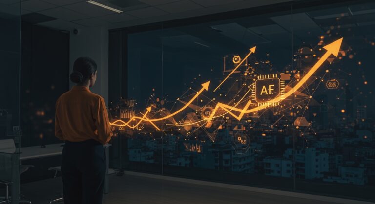 Liderazgo femenino en expansión de IA en India con patrones abstractos de redes neuronales y crecimiento startup en ambiente tecnológico.