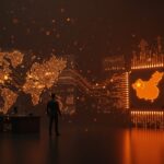 CEO de Anthropic desafía a Nvidia sobre chips IA y geopolítica tecnológica entre EEUU y China en Davos, con metáforas visuales de inteligencia artificial y hardware.