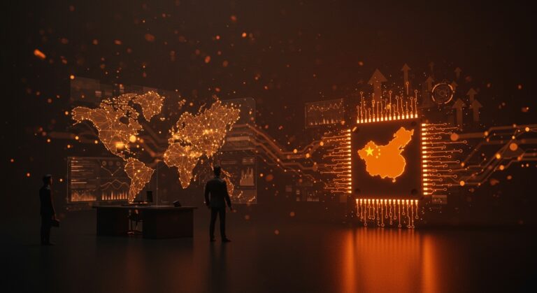 CEO de Anthropic desafía a Nvidia sobre chips IA y geopolítica tecnológica entre EEUU y China en Davos, con metáforas visuales de inteligencia artificial y hardware.