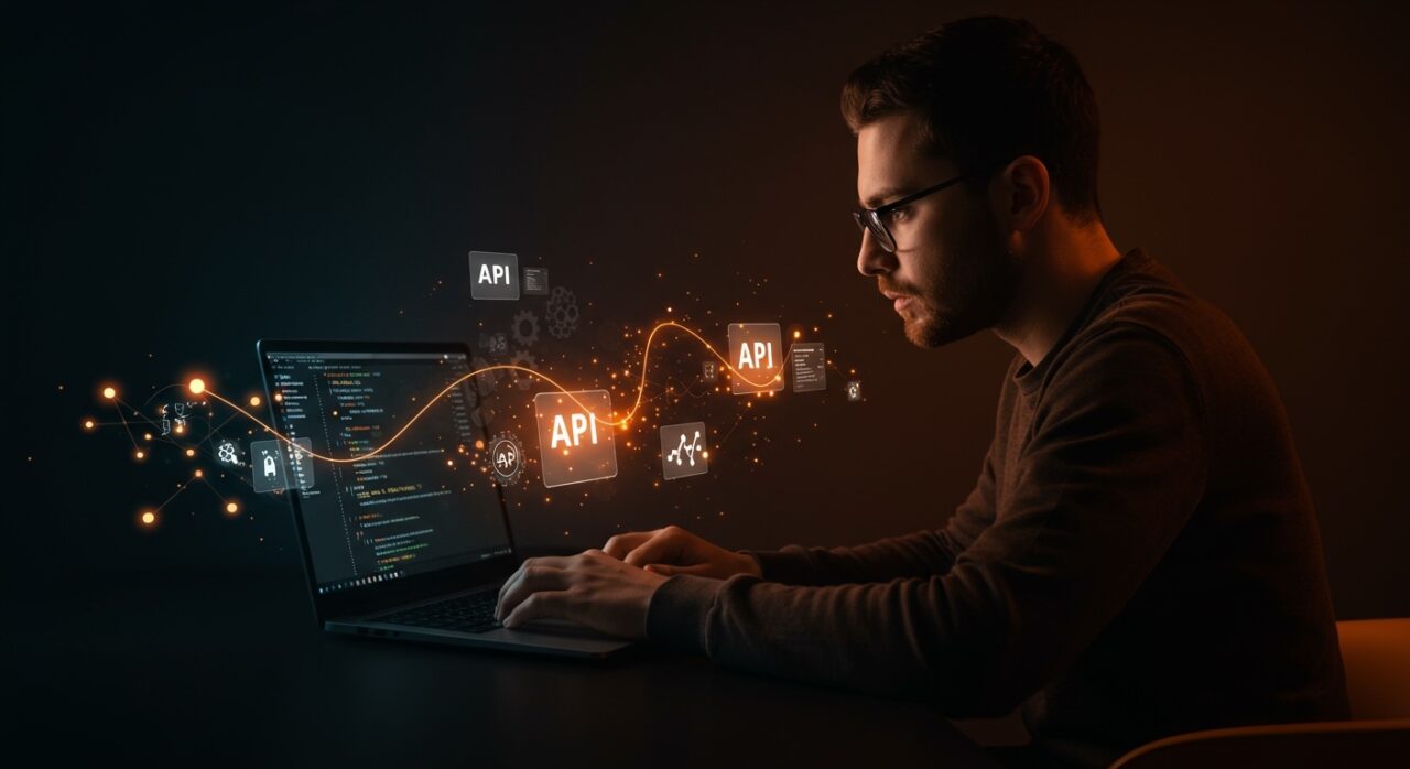 Founder tecnológico trabajando con integración de APIs y automatización usando Swift y la API de traducción de Apple para CLI.