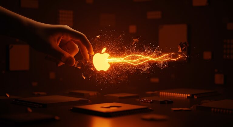 Integración del logo de Apple con una red neuronal digital iluminada, simbolizando la adquisición de la startup israelí Q.ai en inteligencia artificial.