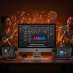 Apple Creator Studio bundle mostrando aplicaciones creativas y equipo colaborando en software de creación de contenido con IA y multiplataforma.