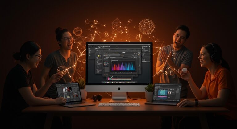 Apple Creator Studio bundle mostrando aplicaciones creativas y equipo colaborando en software de creación de contenido con IA y multiplataforma.