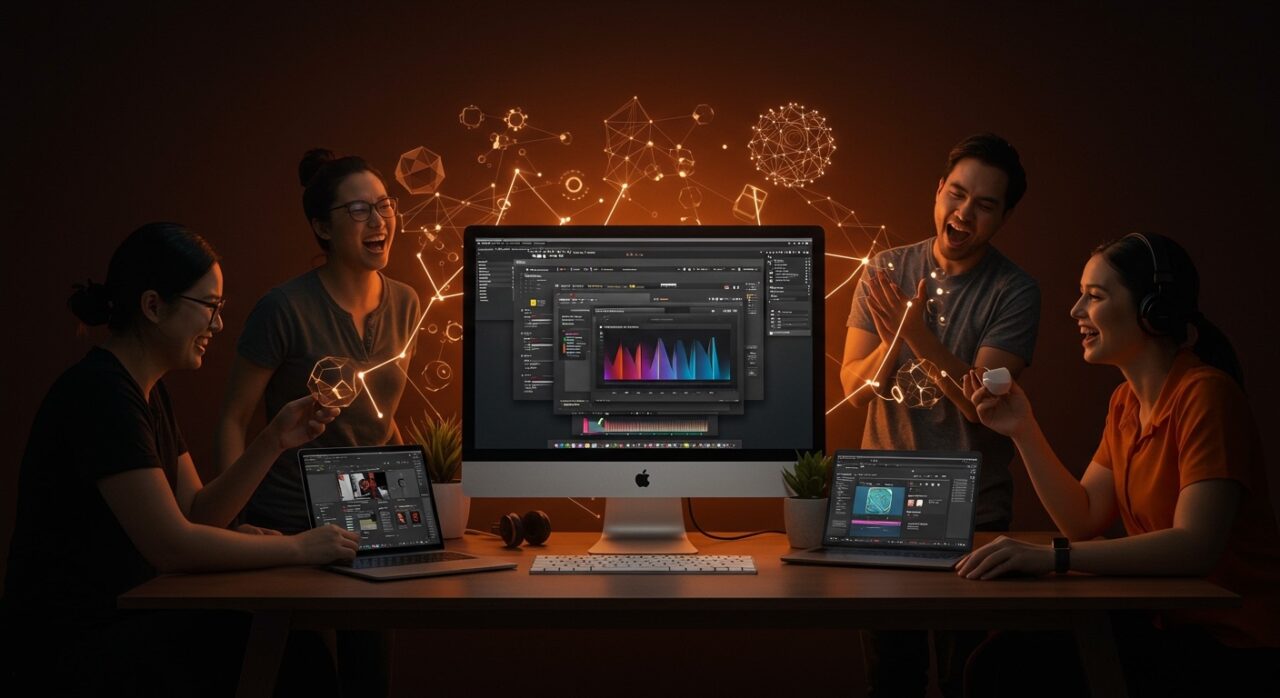 Apple Creator Studio bundle mostrando aplicaciones creativas y equipo colaborando en software de creación de contenido con IA y multiplataforma.