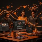 Equipo creativo de startup utilizando Apple Creator Studio con inteligencia artificial y automatización para edición de video, música e imágenes.