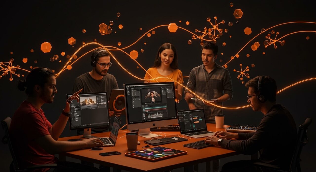 Equipo creativo de startup utilizando Apple Creator Studio con inteligencia artificial y automatización para edición de video, música e imágenes.