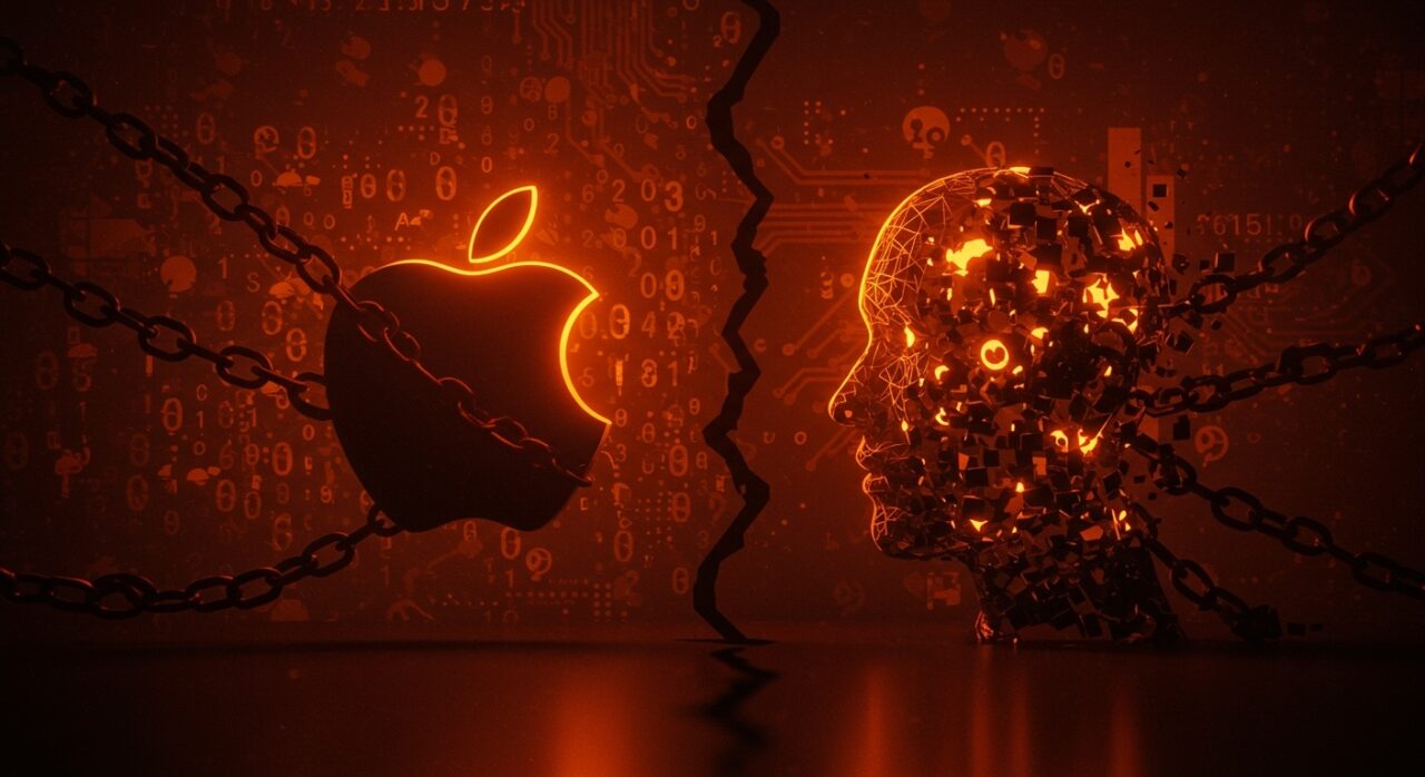 Imagen editorial en naranja y negro que representa la ética tecnológica y presión política sobre Apple y Google frente a deepfakes y privacidad en 2026.