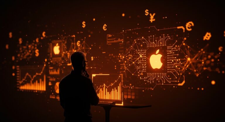 Estrategia de Apple para monetizar inteligencia artificial representada con un líder tecnológico frente a una interfaz digital con redes neuronales y símbolos de mercado.