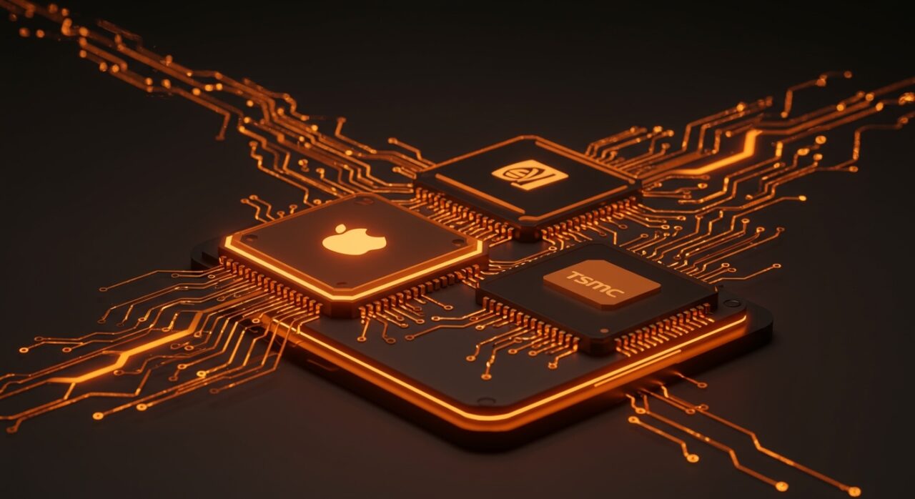Batalla por chips de IA entre Apple, Nvidia y TSMC destacando la capacidad de producción y cadenas de suministro globales en semiconductores.