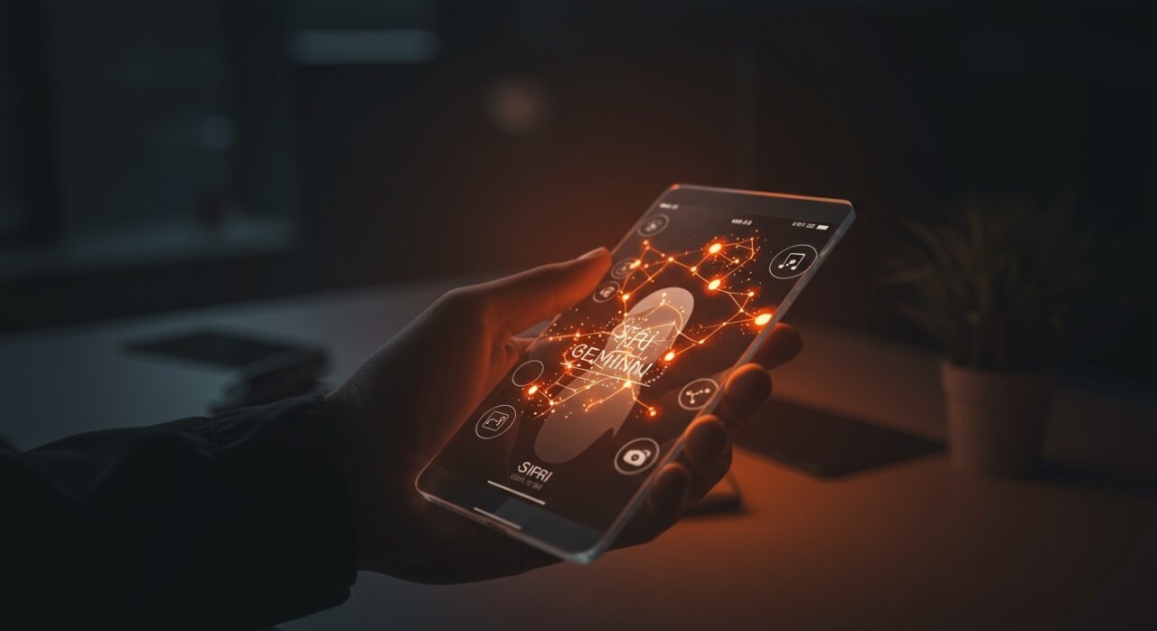 Interfaz futurista de Siri potenciado por Gemini de Google mostrando inteligencia artificial aplicada y alianzas estratégicas en tecnología.