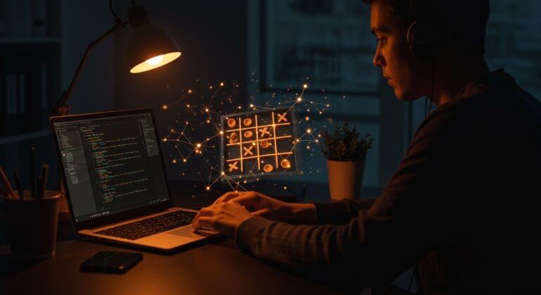 Founder trabajando en aprendizaje por refuerzo para Tic-Tac-Toe con red neuronal en Jax, destacando IA aplicada y automatización en el ecosistema startup.