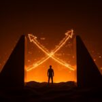 Impacto de aranceles entre Estados Unidos y Europa en la economía y comercio internacional, representado por barreras comerciales digitales y un fundador empresarial.