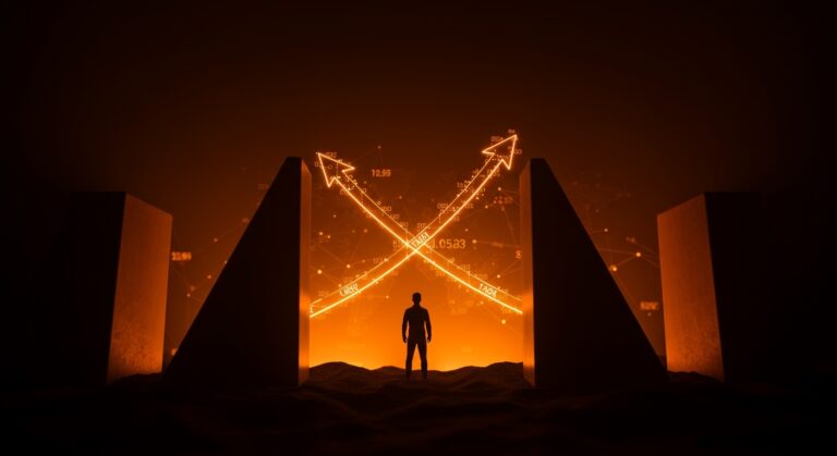 Impacto de aranceles entre Estados Unidos y Europa en la economía y comercio internacional, representado por barreras comerciales digitales y un fundador empresarial.