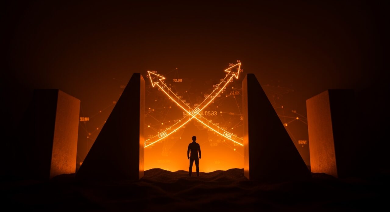 Impacto de aranceles entre Estados Unidos y Europa en la economía y comercio internacional, representado por barreras comerciales digitales y un fundador empresarial.