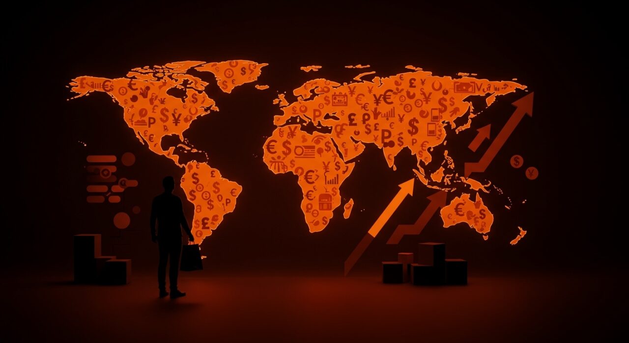 Impacto de aranceles en consumidores y empresas en EE.UU. con implicancias para founders de LATAM, ilustrado con mapa económico y símbolos comerciales.