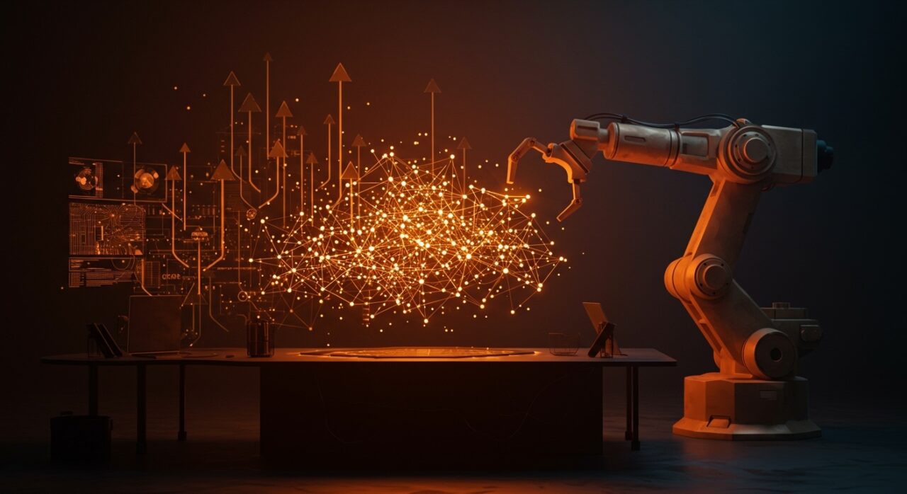 Modelo de lenguaje open source Trinity de 400B parámetros de Arcee AI representado mediante una red neural luminosa en un entorno futurista con paleta naranja y negro.